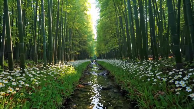 Bamboo forest stream natural scenery bamboo forest stream gurgling