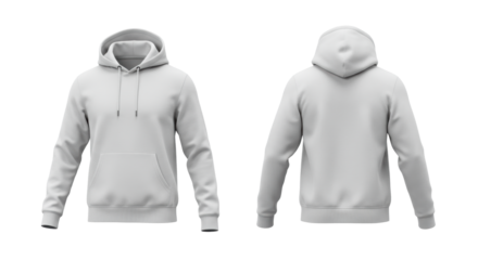 Photorealistic blank white men's heavyweight fleece hoodie, front and back views symmetrically displayed in ghosted mannequin style on a transparent background, professional apparel design template