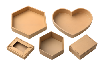 Assortment of open and closed brown cardboard packaging boxes displaying various geometric shapes including heart hexagon and rectangular styles for gifts and product presentation mockup