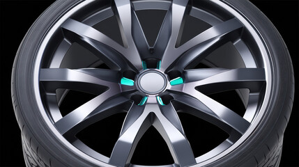 Obraz premium A shiny new car wheel with an intricate silver alloy rim and a black tire is prominently displayed against a dark backdrop highlighting its modern design.
