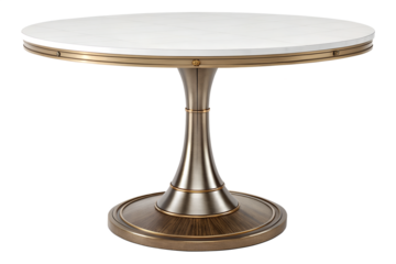 Exquisite round dining table featuring a luminous white top and elegant brushed bronze pedestal base showcasing luxurious art deco inspired furniture design isolation