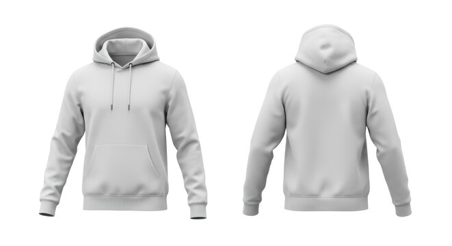 Photorealistic blank white men's heavyweight fleece hoodie, front and back views symmetrically displayed in ghosted mannequin style on a transparent background, professional apparel design template