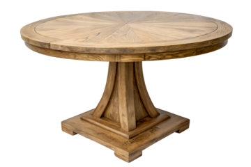 Elegant solid wood round dining table featuring a detailed sunburst veneer pattern on the tabletop and a substantial architectural pedestal base crafted from durable oak.