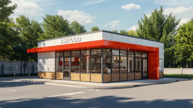 Small modern convenience store building with glass facade and bright signage located on a quiet suburban street during clear daylight hours