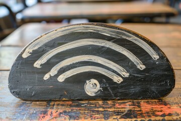A wooden sign with painted Wi-Fi symbol, placed on a table, indicating the availability of wireless internet in a casual setting.