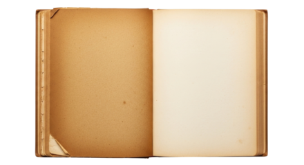Vintage open book with yellowed pages isolated on transparent background