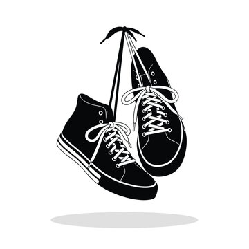 Pair of black high top sneakers with laces hanging in the air silhouette
