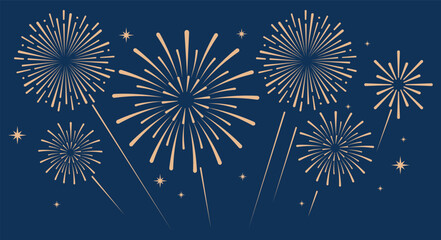 Elegant gold fireworks burst and sparkling stars on clean blue background, festive celebration illustration for New Year, holiday party, greeting card, luxury event design, minimalist style vector. © bibin