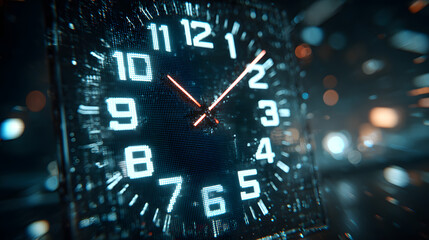 Digital clock hologram showing time against futuristic data stream background with glowing blue technology elements and bokeh light effects.