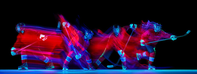 Hockey player motion composition with neon light trails on dark background. Concept of sports advertising, energy branding, action visuals, digital campaigns, and dynamic promotion design. © master1305