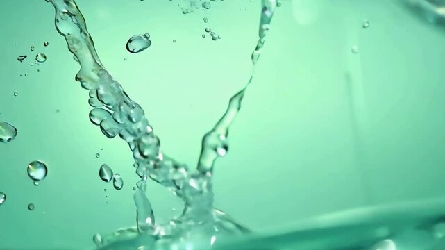 Clear water pouring and splashing with bubbles against a clean mint green background.