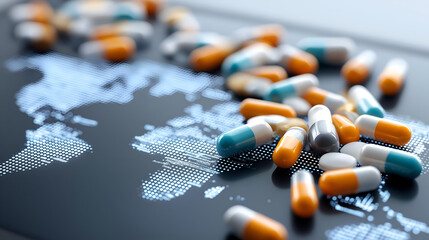 Colorful capsules scattered over a world map, representing global healthcare and pharmaceutical industry innovation.