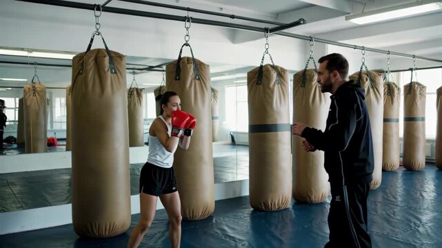 Indoor women's boxing training scene boxing training camp sweaty