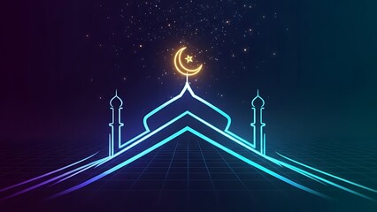 Beautiful mosque with crescent moon and stars in night sky