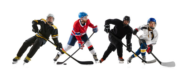 Obraz premium Composition of hockey players dynamic action isolated on white background. Concept of team play, sports promotion, commercial advertising, training visuals, and competitive performance marketing.