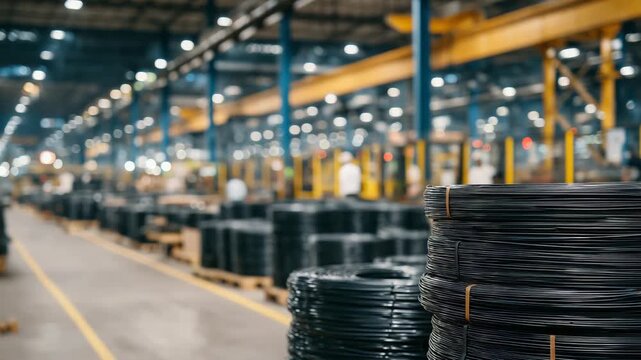 386Stacks of coiled black cables in organized rows, soft light reflecting off smooth surfaces, industrial manufacturing atmosphere highlighted, ready for assembly