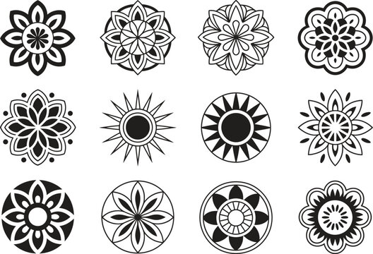 Mandala icon set, decorative floral geometric meditation symbols, flat black vector illustration isolated on white background