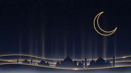 Serene night landscape with mosque silhouette and crescent moon
