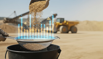 Gold mining data analysis concept with gravel sieve and digital chart overlay on construction site background