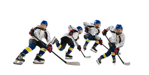 Obraz premium Single hockey player motion sequence composition isolated on white background. Concept of sports advertising, training materials, brand promotion, motion visualization, and commercial graphic design.