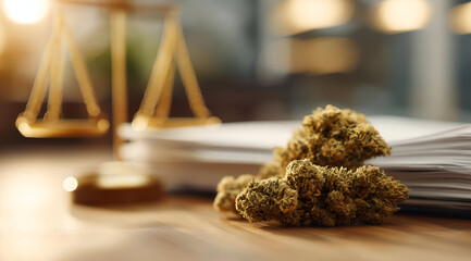 Close-up of cannabis buds beside legal documents, symbolizing the intersection of law and cannabis legality in modern society.