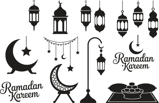 Ramadan Kareem icon set, Islamic lantern moon and mosque decorations, flat black vector illustration isolated on white background