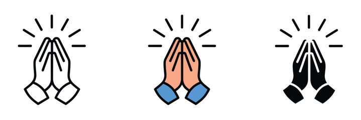 Prayer and respect icon set for religious spiritual concept and gratitude with folded hands in linear vector illustration style