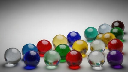 Collection of colorful glass marbles scattered on white background, studio lighting, top down view, shiny and translucent spheres