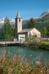 Historic church of San Lurench in Sils, Engadin valley, Graub&uuml;nden, Switzerland