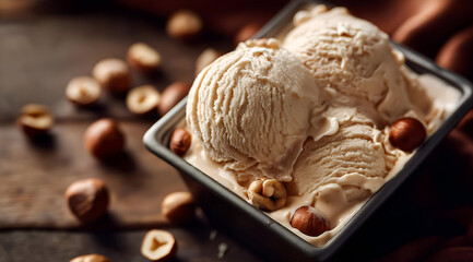 Delicious creamy ice cream in a bowl topped with hazelnuts, perfect for a sweet treat on a hot day or a dessert delight.
