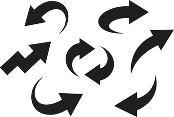 Refresh arrow icon set, circular reload and rotation symbols, flat black vector illustration isolated on white background