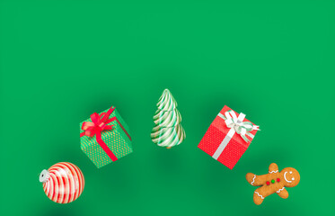 Christmas holiday background with festive decorations and copy space. 3d rendering