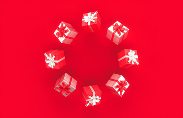 Christmas gift boxes circle frame on red background with copy space. 3d rendering