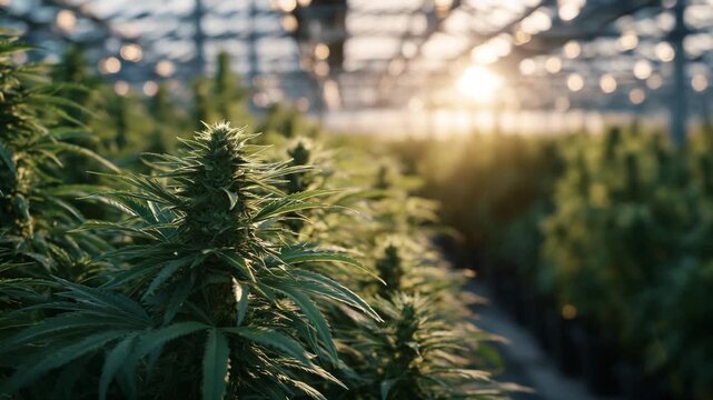Atmospheric greenhouse aisle, golden sunlight streaming through overhead glass, illuminating thriving cannabis plants in pots, evening warmth enhancing the lush green texture of th