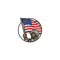Astronaut Holding American Flag Emblem In Circular Badge Design.