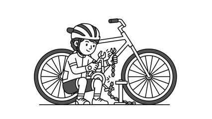 Enthusiastic young cyclist repairing their bicycle with tools illustration for sports hobby and maintenance themes