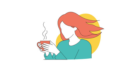 Obraz premium A simple line art illustration of a woman with red hair enjoying a steaming hot cup of coffee or tea on a windy day.