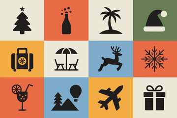 Holiday flat icon set, travel celebration and seasonal symbols, colorful vector illustration isolated on white background
