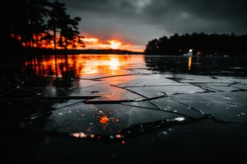 A serene sunset reflecting on cracked ice, surrounded by dark trees and a moody sky, creating a dramatic and tranquil atmosphere.