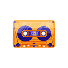 Bright orange cassette tape with purple circular design close up.