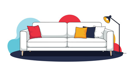 A modern white sofa with colorful pillows is placed next to a floor lamp, creating a stylish and comfortable interior design scene.