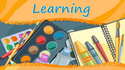 Vibrant art supplies including paints, brushes, and crayons for creative learning activities