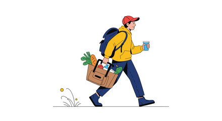 Fototapeta premium Young man in a hoodie and cap walking with a backpack and a tote bag full of fresh groceries, enjoying a drink on the go.