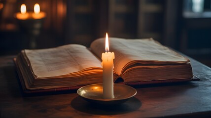 Cozy study with open book and lit candle on wooden desk