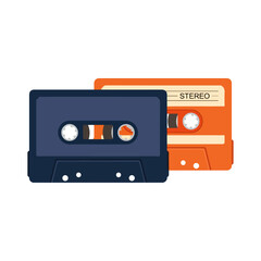 Fototapeta premium Two vintage cassette tapes, one blue and one orange.