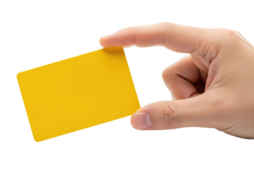 Hand holding a yellow card isolated on transparent background