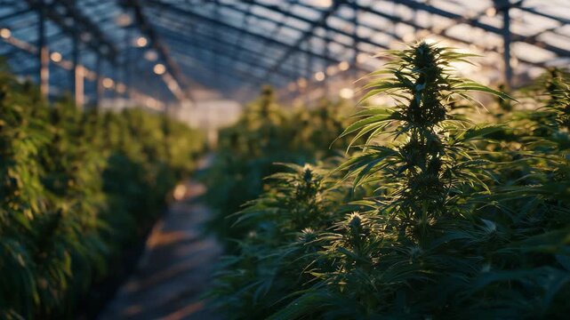 Cinematic aisle shot, rows of tall cannabis plants bathed in golden sunset light, warm shadows stretching across the floor, glass roof reflecting amber tones.