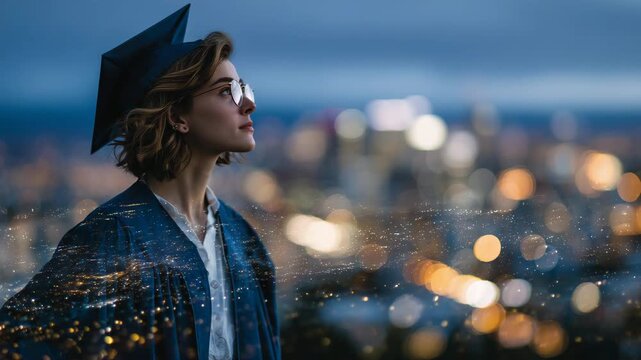 Cinematic double exposure of a graduate gazing forward, her cap and gown merging with a sparkling city skyline at night, capturing themes of aspiration, confidence, and the promise