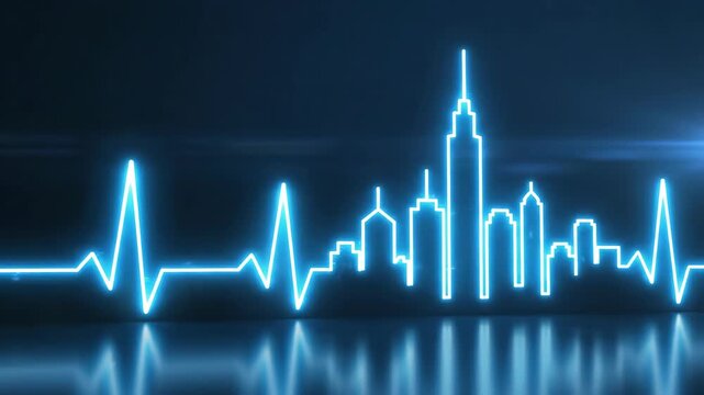 Neon heartbeat line animates into a city skyline silhouette. The pulse of a modern city and urban life concept. Futuristic 3D motion graphic