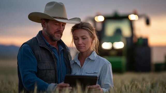 Cinematic scene of farmer couple reviewing precise farming metrics on tablets, standing shoulder-to-shoulder in a vibrant wheat field; the setting sun casts long shadows while a tr